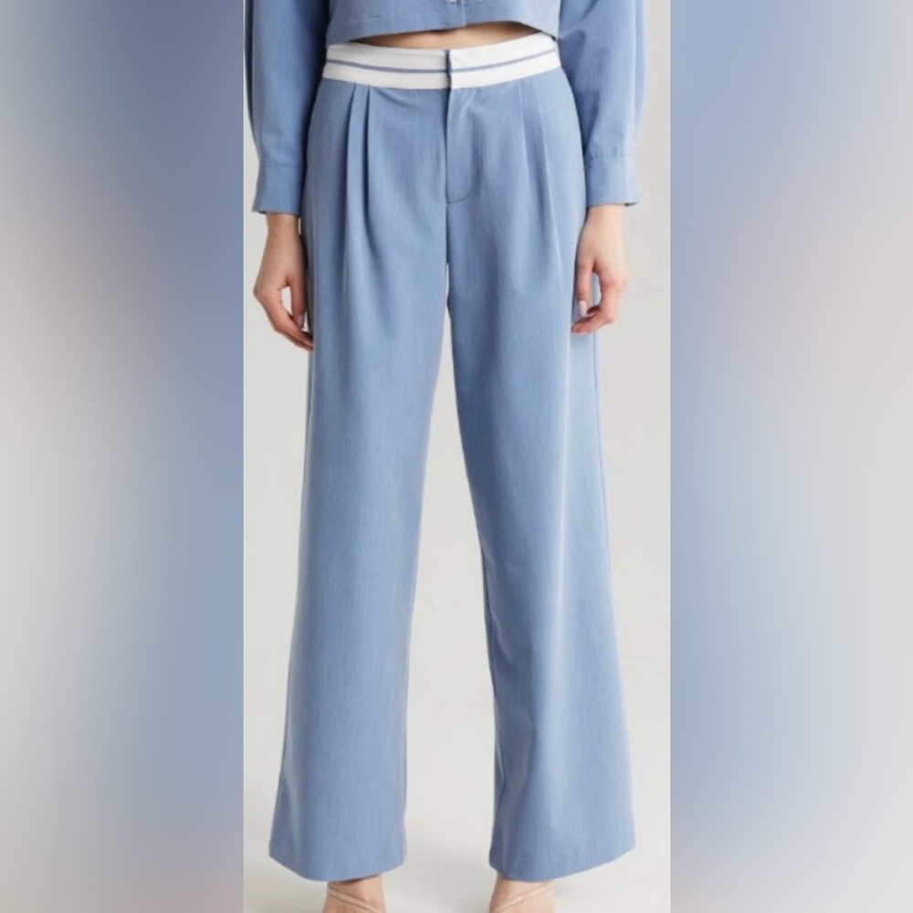 WAYF Preston Pleated Light Blue Wide Leg Trousers with White Waistband